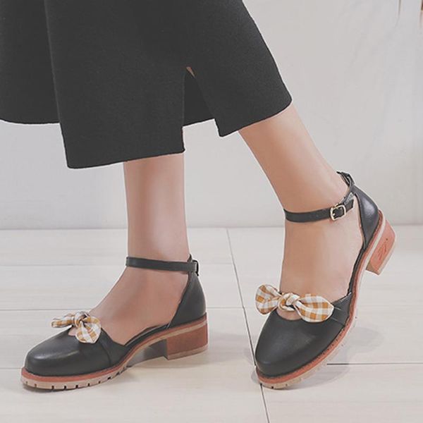 

mixed color plaid bow-knot sandals women round toe thick heels shoes woman buckle strap cover heels sandalias plus size 34-43, Black