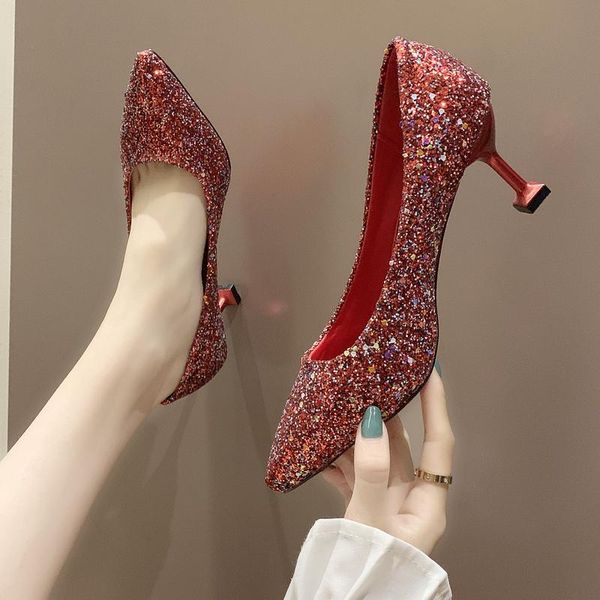 

dress shoes pointed toe high heels female fashion sequins women pumps party red bottom zapatos de mujer w37-54, Black