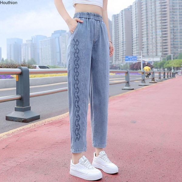 

women's jeans summer mid-rise conventional female korean loose cool elastic waist thin section denim pants, Blue