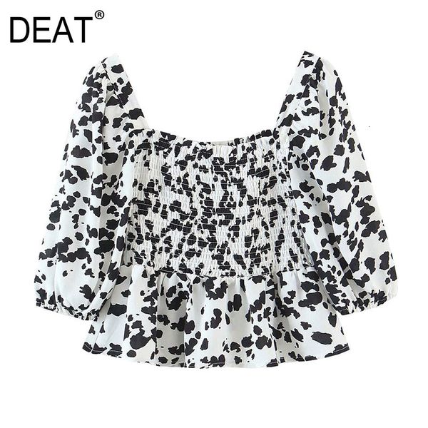 

[deat] 2021 new spring fashion square tide manga long elasticity elegant print loose female shirt a5mi, White