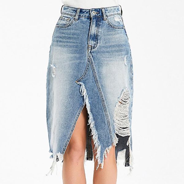 

skirts women ripped denim skirt jean elegant high waist front slit side open wrap asymmetrical irregular outfits clothing, Black