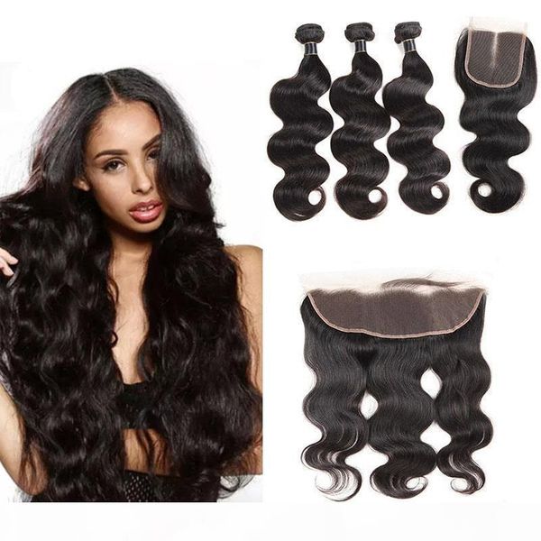 

brazilian virgin hair bundles with lace closure virgin human hair body wave 3 bundles with lace closure 100g pcs, Black