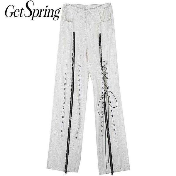 

getspring women pants zipper rivet hook bandage feather straight cotton white trousers high waist long 210601, Black;white
