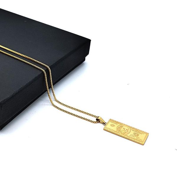 

pendant necklaces 100 dollar bill gold necklace stainless steel box chain punk hip-hop for women men, Silver