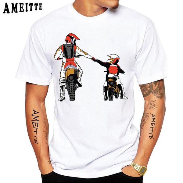 

father takes son ride a motorcycle print t-shirt summer men short sleeve funny bike soprt white casual hip hop boy tees, White;black