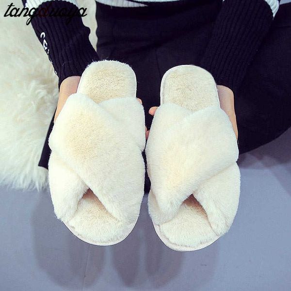 

women fluffy winter sandal cross plush open toe sandal soft flat shoes warm faux fur slipper home female shoes furry slippers y0406, Black