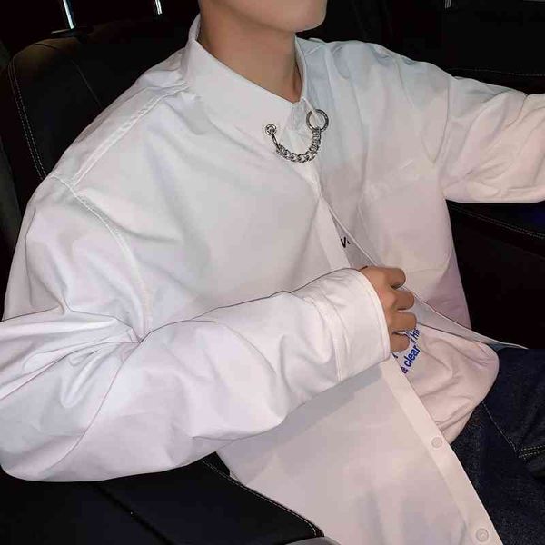 

men's casual shirts chic work clothes long sleeve coats hawaiian bf original iron chain decoration camisa masculina -2xl 2107, White;black