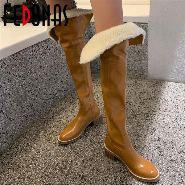 

boots fedonas 2021 fashion women over-the-knee autumn winter warm wool genuine leather party prom casual shoes woman, Black