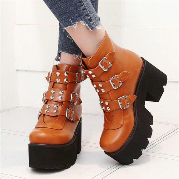 

2021 chic rivets shoes women chunky high heels warm party pumps round toe platform ankle boots casual shoes black brown creepers