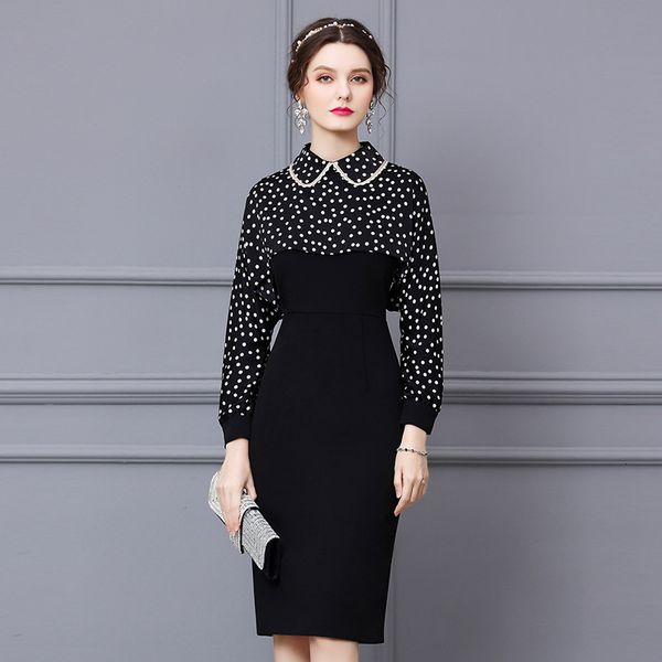 

2021 new superior quality spring wave point splicing occupation office women clothing party dress slim long sleeve dresses kskf, Black;gray