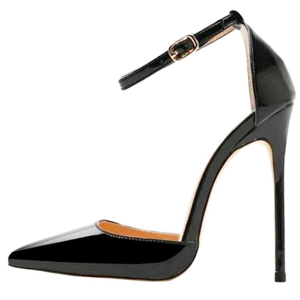 

dress shoes womens high heel pointed toe ankle strap stiletto 12cm pumps patent wedding party heels plus size 4-15, Black