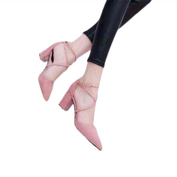 

women's formal shoes korean version cross strap high heels middle heel thick heels spring versatile student roman pink sandal's su, Black