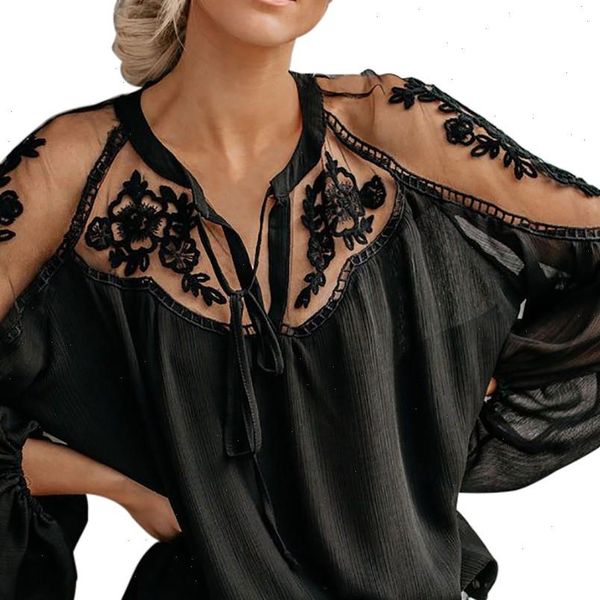 

lace mesh shirt embroidery patchwork women casual long sleeve chiffon blouse ladies loose shirts female blusas, White