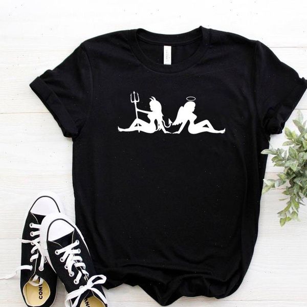 

women t shirt devil or angel print tshirt women short sleeve o neck loose t shirt ladies causal tee shirt clothes, White