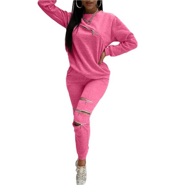 

women's two piece pants women casual 2-piece outfit set fashion fall winter long sleeve zipper round neck pulloverpants for ladies fema, White