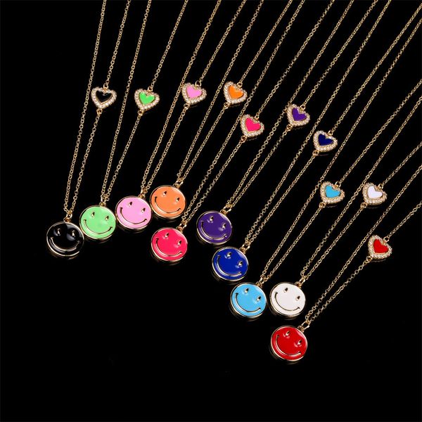 

ins smiling face oil drop pendant necklace women's fashion color prerving copper zircon temperament love clavicle chain, White
