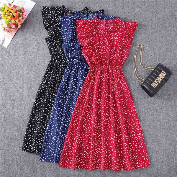 

dress ladies summer polka dot printed chiffon elegant knee ruffled sleeveless red mid-length fashion dress ladies summer, Black;gray