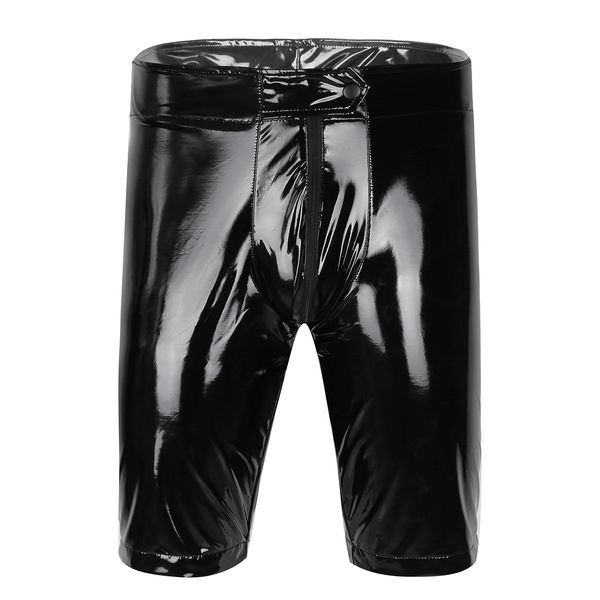

mens fetish tight shorts wet look short pants patent leather zippered open crotch boxer shorts half pants with bulge pouch, Black;white