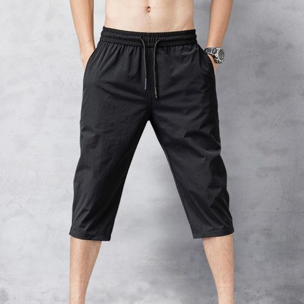 

men's pants solid color capri men drawstring high waist for loose 3/4 trousers sports sweatpants pantalons pour hommes, Black