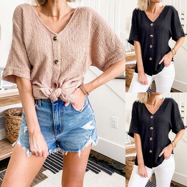 

women's t-shirt leosoxs 2021 summer fashion simplicity v neck t shirt casual loose solid button half sleeve ladies shirts elegant, White