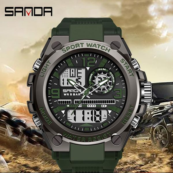 

wristwatches sanda military watch dual display men's sports g-type led digital waterproof relogio masculino6024, Slivery;brown