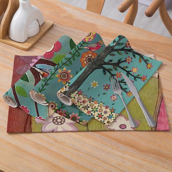 

mats & pads 32*42cm trees flowers printing placemat cotton and linen table mat europe style heat resistant for dining