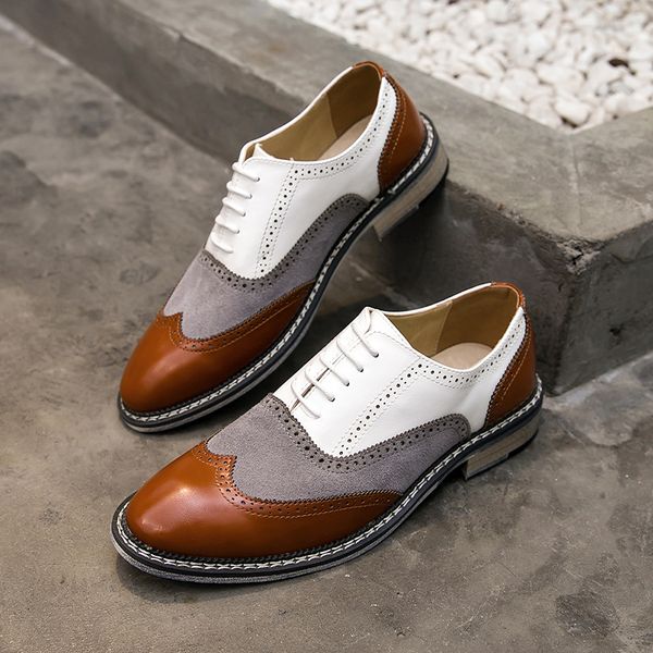 

oxfords wingtip shoes men mixed colors classic business brogues formal shoes lace-up pointed italian elegant shoes, Black