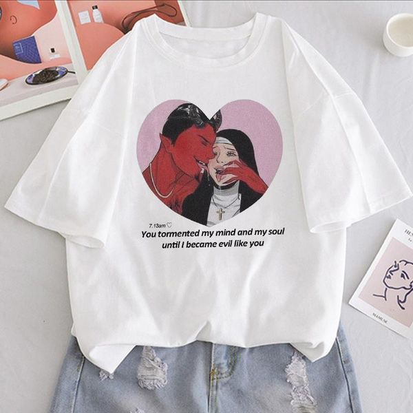

summer harajuku new devil letter print fun loose short sleeve tees cartoon casual ulzzang female vintage punk t-shirt, White