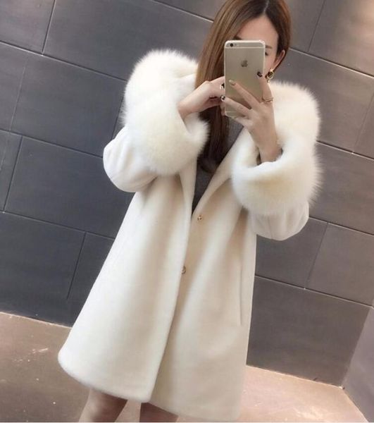 

winter hooded sheep sheared fur-coat plush coats female mid-length imitating fox fur thickening korean version of slim, Black