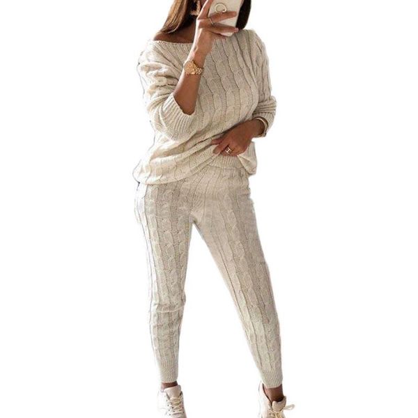 

women's two piece pants women sweater suits with trousers knit long sleeve elastic waist winter warm lady matching sets trendy t652, White