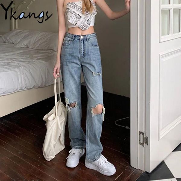 

women's jeans irregular ripped hole high waisted vintage denim pants wild korean hip hop streetwear straight women harajuku y2k trouser, Blue
