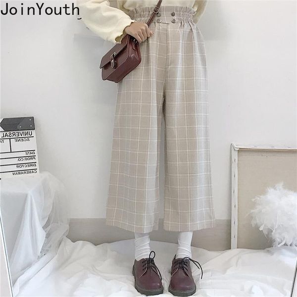 

women's pants & capris joinyouth 2021 wide leg japanese high waist straight trousers bottoms loose casual plaid summer pantalon mujer 7, Black;white