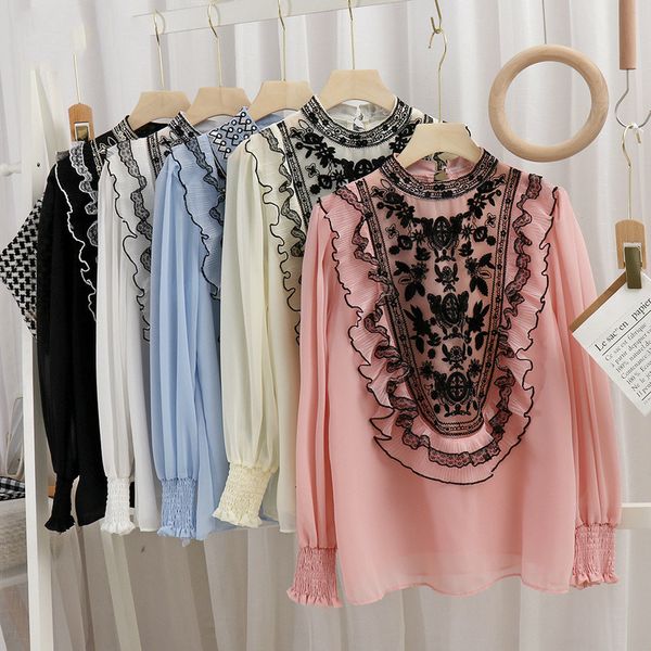 

elegant hook bow flower embroidered chiffon female shirt collar beads patched sleeve long blouse released spring gp41, Black