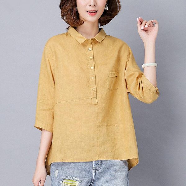 

women's blouses & shirts plus size women casual 2021 summer fashion turn-down collar half sleeve female cotton linen p307, White