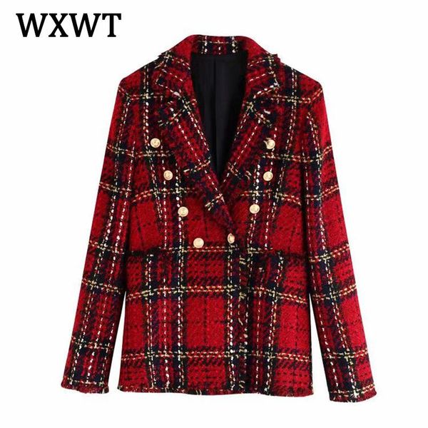 

wxwt women 2021 fashion red tweed blazer coat vintage double breasted long sleeve female outerwear chic bb3243, White;black