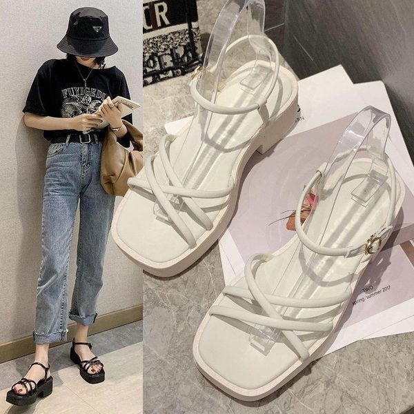 

sandals white platform women 2021 summer square toes shoes female black chunky sole ankle strap sport