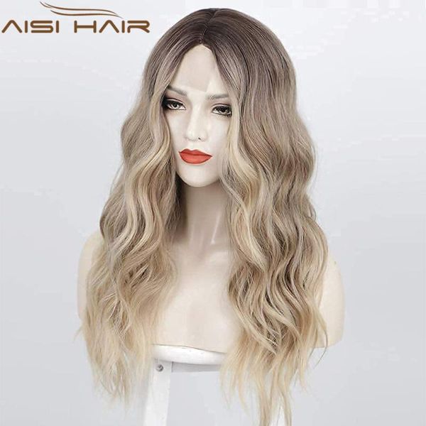 

synthetic wigs aisi hair long wavy wig for women ombre black brown blonde ash heat resistant fiber middle part party