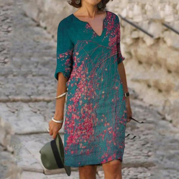 

casual dresses 40# vintage printed dress summer v-neck half sleeve plus size cotton and line for women 2021 vestidos, Black;gray