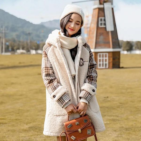 

women's fur & faux female students winter girl college style thick woolen lamb women warm wool coat, Black