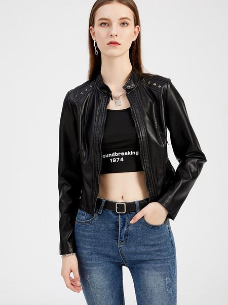 

women's leather & faux women's spring and autumn rivet jacket short long sleeve thin stand collar fashion, Black