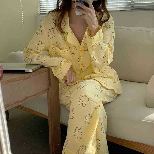 Coelhos impressos casuais todos combinam homewear solto moda nightwear doce macio chique chique dois peças terno pijama conjuntos 210525