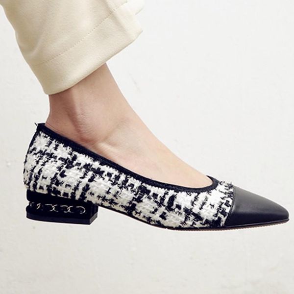 

dress shoes kmeioo classic gingham woman pointed toe pumps chain chunky heels women low casual, Black