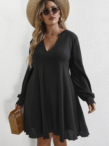 

plus notched neck lantern sleeve dress v7pr#, Black