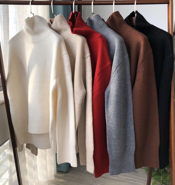 

2021 women turtlneck 100%wool sweater solid color autumn winter new long sleeve pullovers ogsz, White;black
