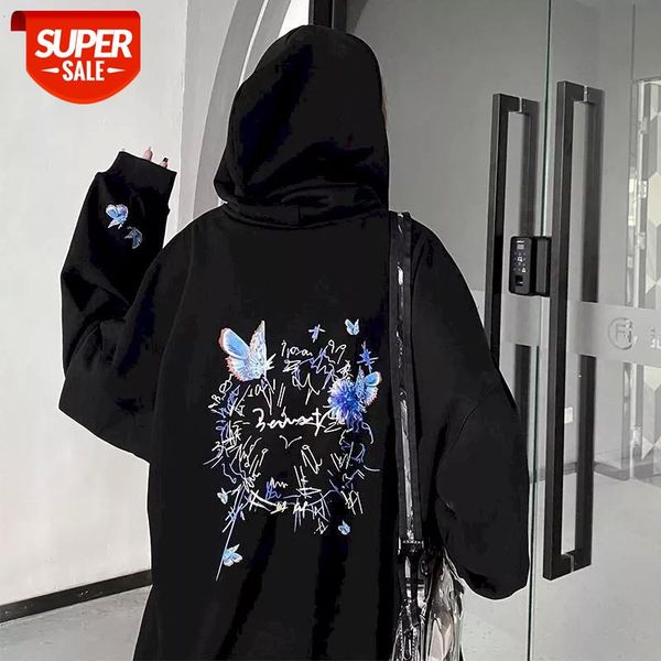 

early autumn new national tide brand hoodie butterfly men and women with the same loose lovers sweater casual lovers all-match #kp6r, White