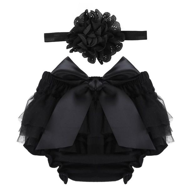 

shorts oyolan infant baby girls tulle ruffle bowknot bloomer diaper cover and flower headband set pography prop sz 0-9 months, Black