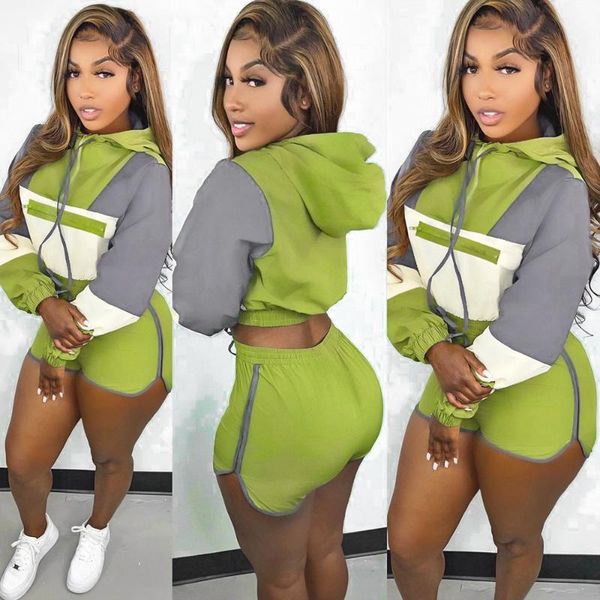 

women's tracksuits color patchwork two piece sets women tracksuit long sleeve zipper hooded sweatshirts crop shorts jogging sport suit, Gray