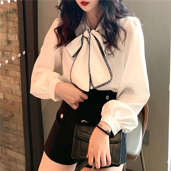 

mozuleva women long sleeve shirts white blouses vintage korean 2021 sweet bow loose ladies blouse office lady sweet