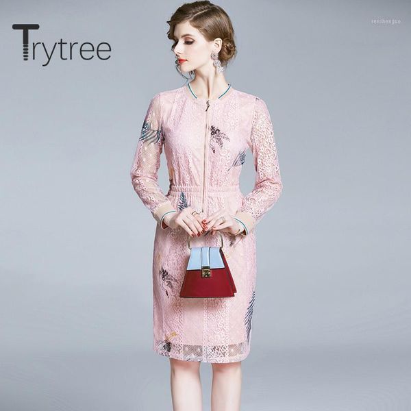 

casual dresses trytree 2021 spring summer women dress o-neck zipper patchwork lace fashion a-line elegant temperament, Black;gray
