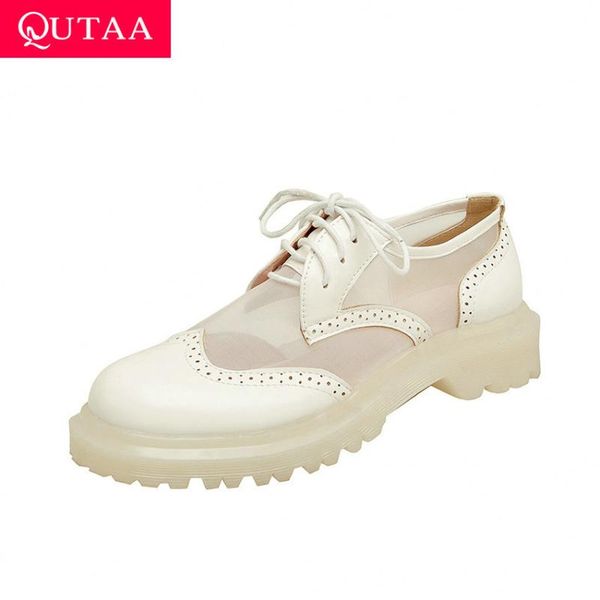 

qutaa 2021 round toe lace up casual women square heels patchwork pu leather mesh spring summer female shoes big size 34-43, Black